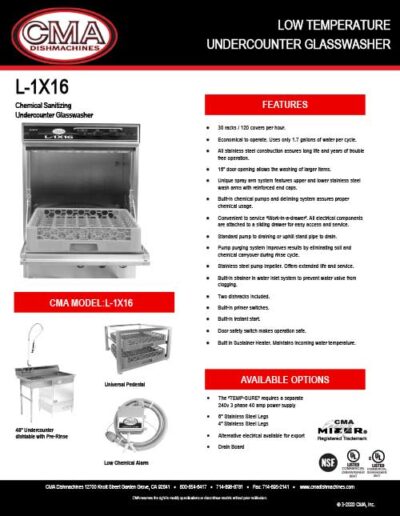 Low Temp Undercounter Glasswasher Model L-1X16